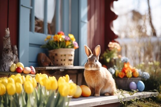 Rural house Easter decorated porch with rabbit, easter eggs and spring flowers