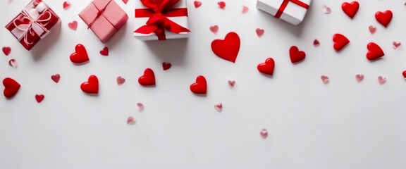 Dolce Regalo- Confezione Bianca e Cuori Rossi per San Valentino, Matrimonio o Compleanno, Vista dall'Alto - obrazy, fototapety, plakaty