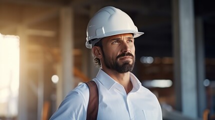 engineer handsome man or architect looking construction with white safety helmet