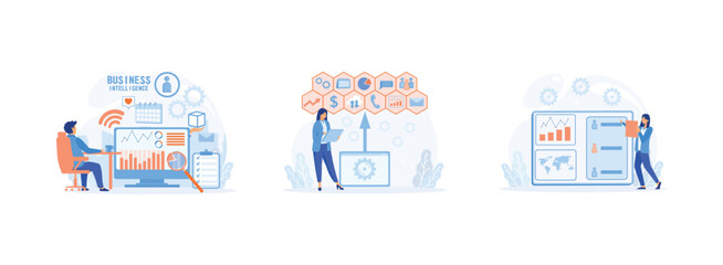 Business intelligence concept as background with various symbols, Performance tools and software, Business intelligence, intelligence dashboard, innovative solution. Business Intelligence set flat vec