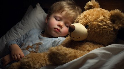 Cozy Naptime: Little One Sleeping Peacefully, Embraced by the Comfort of a Teddy