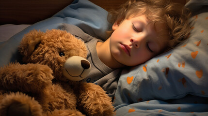 Tranquil Slumber: Adorable Child Resting Comfortably with Teddy Bear in Cot