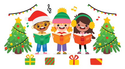 Cartoon Kids Singing At Christmas