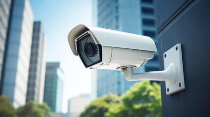 Outdoor surveillance camera on the street with office buildings. CCTV,