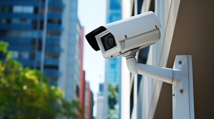 Outdoor surveillance camera on the street with office buildings. CCTV,