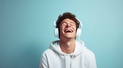 A laughing young man on a blue background wearing white headphones and a white hoodie listens to music