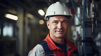 Smiling worker in yellow hardhat at construction site