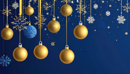 Fototapeta na wymiar Abstract Christmas background in blue color with Christmas balls, garlands and snowflakes with copyspace
