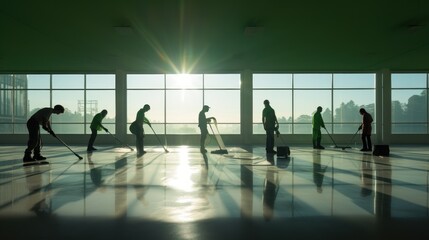Obraz premium Silhouette of People cleaning a large room, Details of building cleaning,