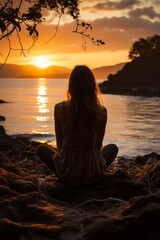 Fototapeta premium Pensive traveler on a beach, watching the stunning spring sunset over the ocean, Generative AI