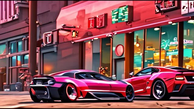 red car on the street, Anime lofi live wallpaper. Seamless loopable 4k animation footage