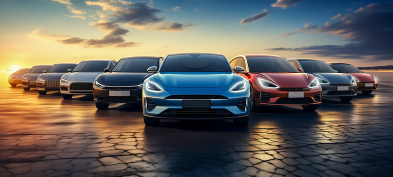 Sleek electric cars lineup at sunset on arid terrain