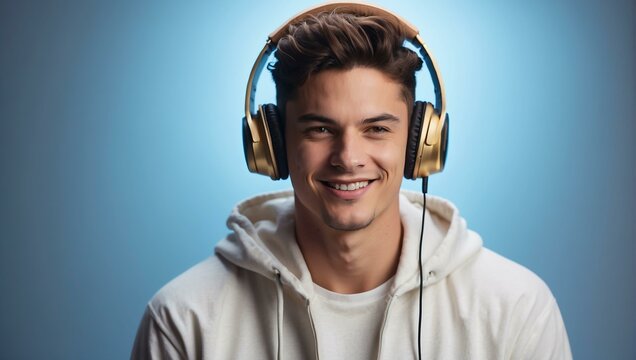 A young man in white headphones and a white hoodie is smiling and listening to music