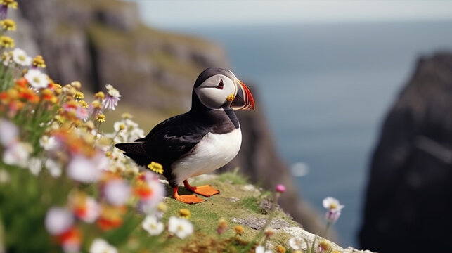 Atlantic Puffin Bird or Fratercula Arctica living at the cliff with wild flower. generative ai
