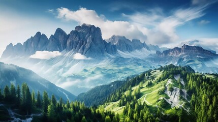 
photo reality Beautiful view of the misty Val di Fassa valley with the Sella pass. National Parks. Dolomites (Dolomiti), South Tyrol. Canazei location, very stunning views