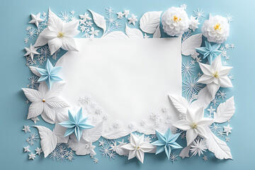 Vintage Floral Frame with White Flowers on Blue Background for Greeting Card or Scrapbook Design
