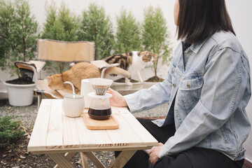 people activity concept with asian woman happy feeling for drip and drink coffee at home with her...