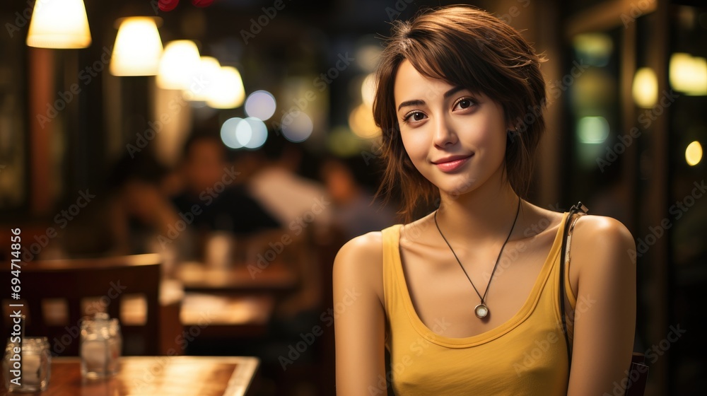 Wall mural Chinese smiling beauty girl in the restaurant at night