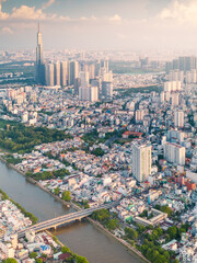 Panoramic view of Saigon, Vietnam from above at Ho Chi Minh City's central business district....