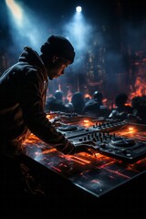 DJ artist's shadow creating a musical journey at an underground electronic dance club, Generative AI