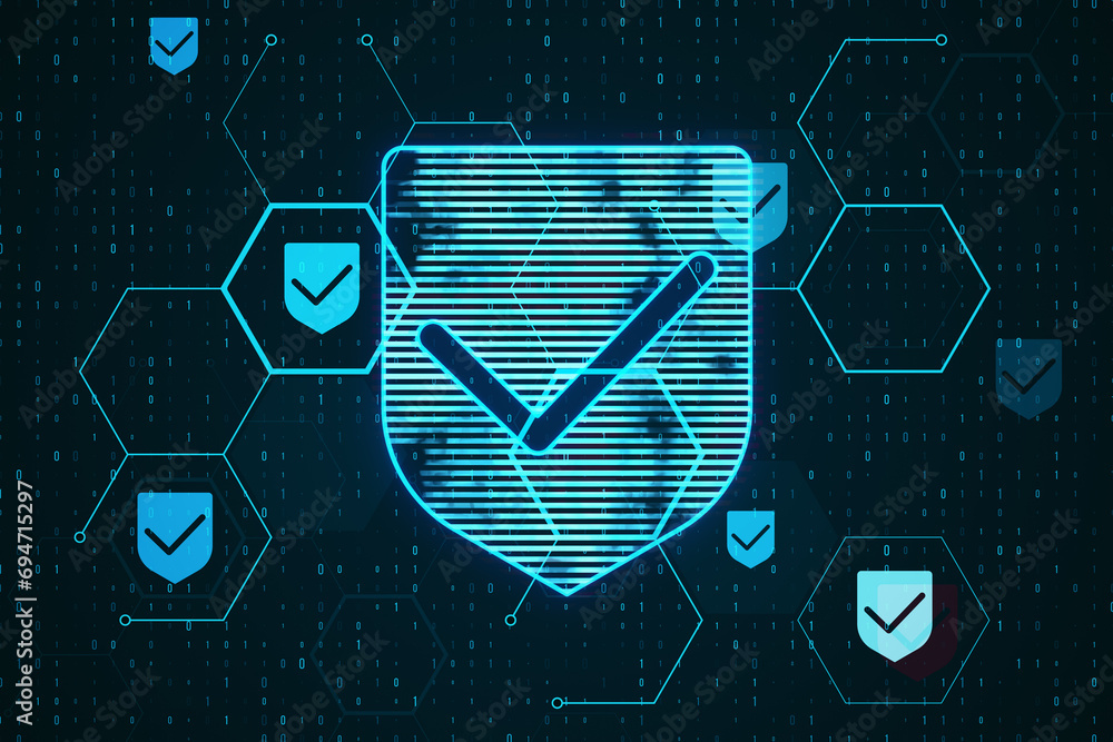 Aufkleber Creative glowing hexagonal shield hologram with binary coding on blurry background. Safety and internet concept. 3D Rendering.
