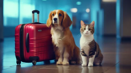  A cat and a dog are seated by luggage in the airport waiting area. Creative concept Air transport of pets © Andrey