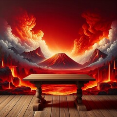 Empty table A table in front of a red wall with fire scene mountains and lava 