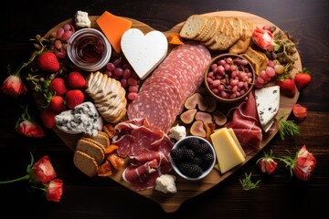 A top view of a charcuterie spread featuring meats, cheeses, and pastries, perfect for a Valentine's Day party