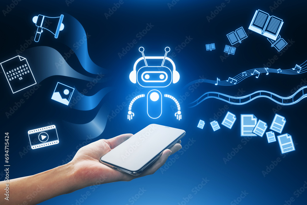 Poster close up of female hand holding smartphone with creative robot hologram on blue background. artifici