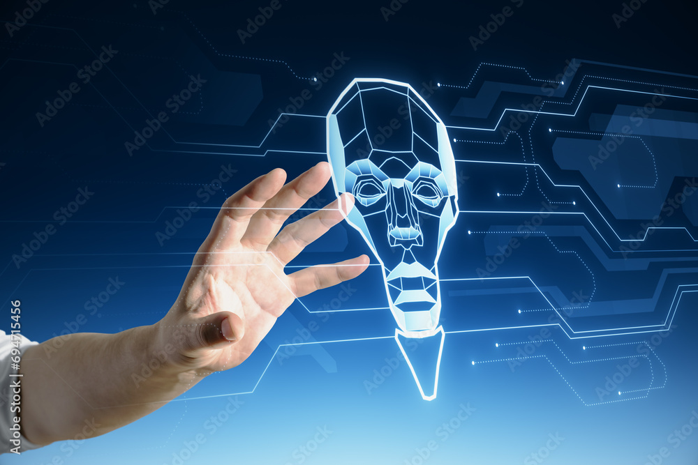 Aufkleber Close up of male hand using interface of abstract robot head in the shape of light bulb on blue background with lines. Artificial intelligence and chat gpt concept.
