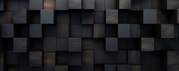 Dark wood texture forms the backdrop for a composition of abstractly stacked wooden cubes.