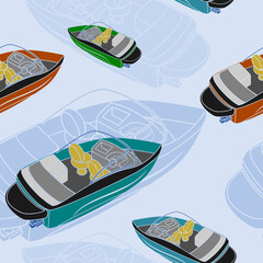 Editable Back Top Oblique View American Bowrider Boats in Various Colors on Water Vector Illustration as Seamless Pattern for Creating Background of Transportation or Recreation Related Design