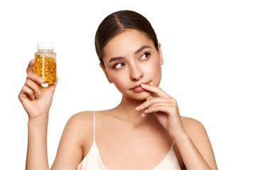 Vitamins. Close Up Of Happy Beautiful Girl With Pill With Cod Liver Oil Omega-3. Nutrition. Vitamin D, E, A Fish Oil Capsules. Healthy Lifestyle. Sport, Diet Concept