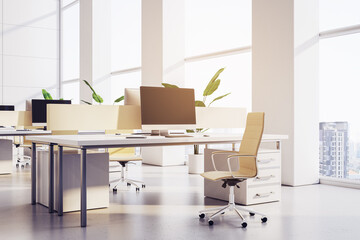 Clean light coworking office interior with panoramic window and sunlight, furniture and equipment. 3D Rendering.