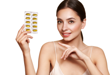 Vitamins. Close Up Of Happy Beautiful Girl With Pill With Cod Liver Oil Omega-3. Nutrition. Vitamin D, E, A Fish Oil Capsules. Healthy Lifestyle. Sport, Diet Concept