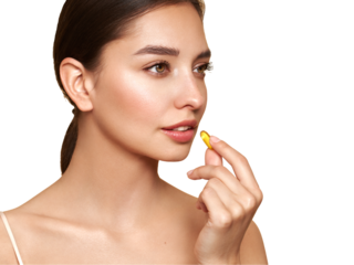 Vitamins. Close Up Of Happy Beautiful Girl With Pill With Cod Liver Oil Omega-3. Nutrition. Vitamin D, E, A Fish Oil Capsules. Healthy Lifestyle. Sport, Diet Concept