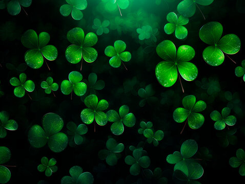 The green background of the copy area with clover and gold coins for St. Patrick's Day. Bokeh. Blur. 