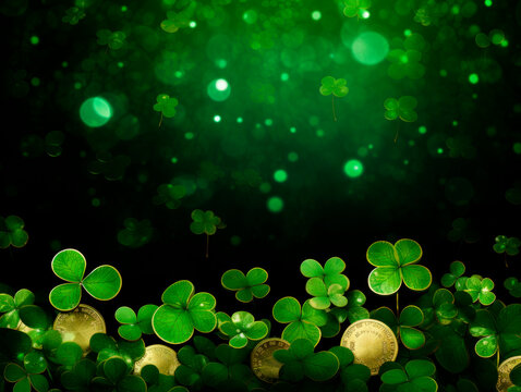 The green background of the copy area with clover and gold coins for St. Patrick's Day. Bokeh. Blur.