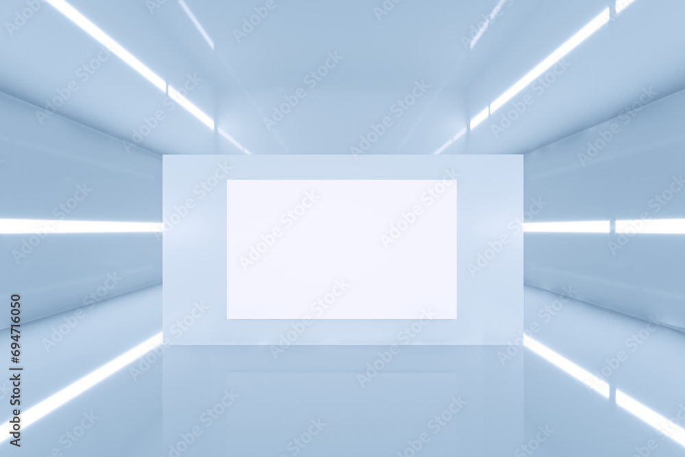 Poster abstract light futuristic room with empty white mock up banner on wall and lights. tunnel concept. 3