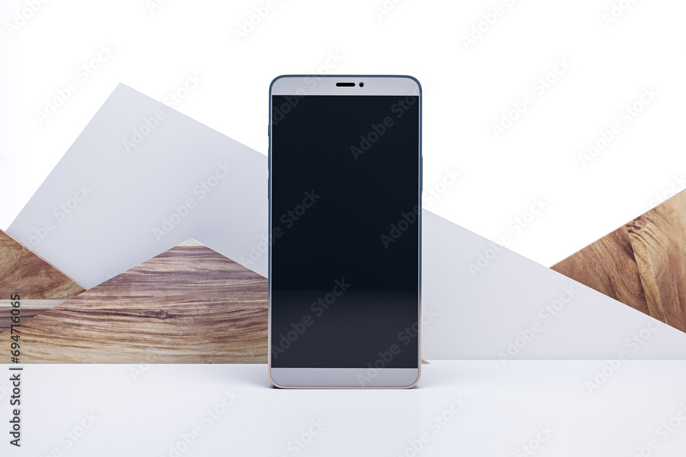 Poster Empty smartphone on creative decorative triangular mountain background with mock up space. Wooden and white elements. 3D Rendering.
