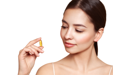 Vitamins. Close Up Of Happy Beautiful Girl With Pill With Cod Liver Oil Omega-3. Nutrition. Vitamin D, E, A Fish Oil Capsules. Healthy Lifestyle. Sport, Diet Concept