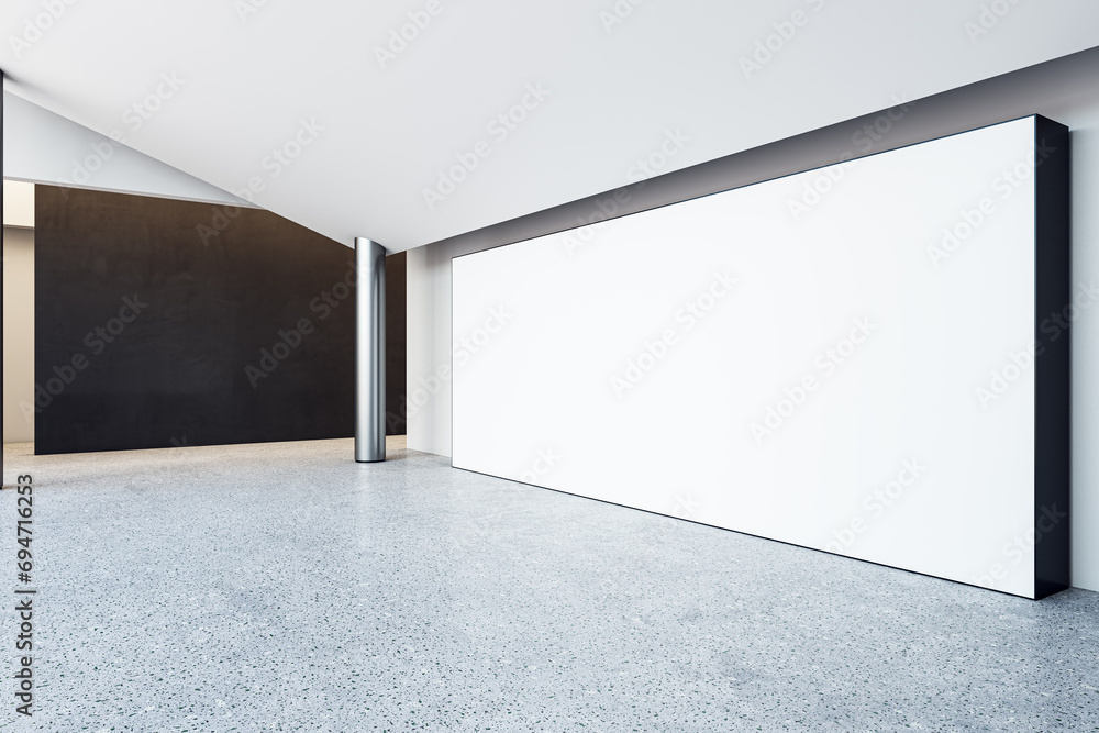 Poster bright hallway interior with columns, blank mock up place and daylight. 3d rendering.