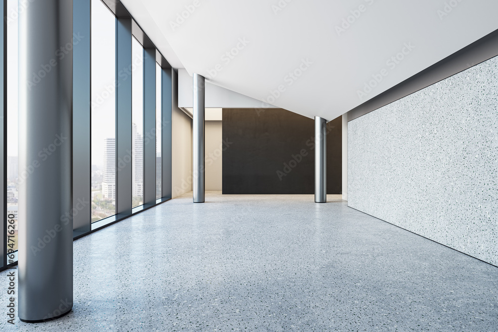 Poster modern hallway interior with window and city view, columns, blank mock up place and daylight. 3d ren