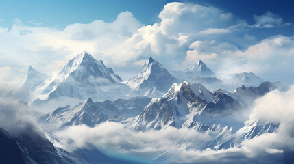 Majestic Peaks: High Mountains Enveloped in Snow and Clouds
