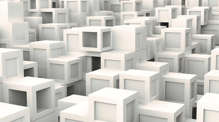 Endless Maze of White Cubical Structures Creating a Complex Geometric Abstract Environment