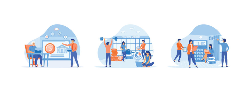 Retirement income control. Financial literacy.Accounting to raise entrepreneurship awareness.  Financial literacy set flat vector modern illustration