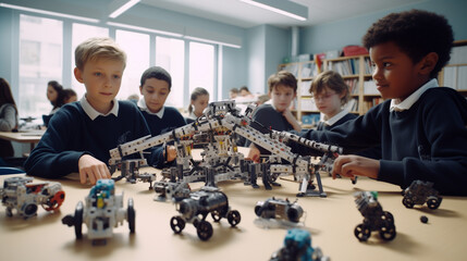Children students in classroom learning playing with robotics robot building workshop education - obrazy, fototapety, plakaty
