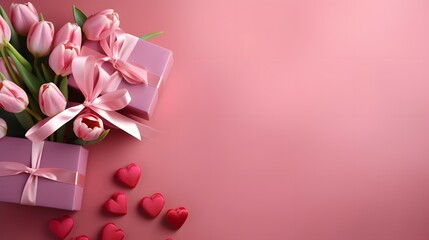 Obraz na płótnie Canvas Elegant Gift Box with Satin Ribbon and Flowers on Pink Background