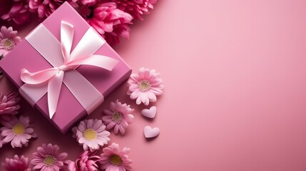 Elegant Gift Box with Satin Ribbon and Flowers on Pink Background