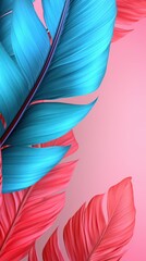Tropical leaves in bright creative pink and blue colors. Minimalistic background